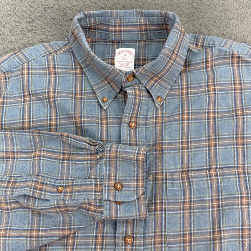 Brooks Brothers Shirt Mens XL Blue Plaid Brooksflannel Cotton Wool Button Down